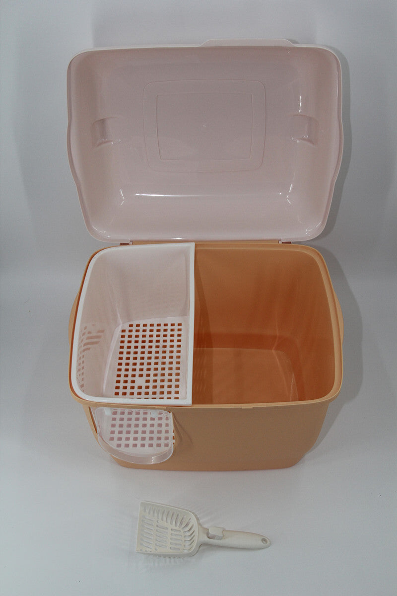 XL Portable Hooded Cat Toilet Litter Box Tray House with Handle and Scoop Orange