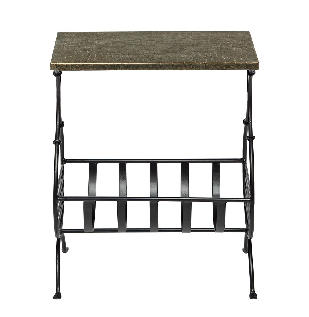 Black Iron Narrow Side Table with Magazine Storage and Gold Finish Top