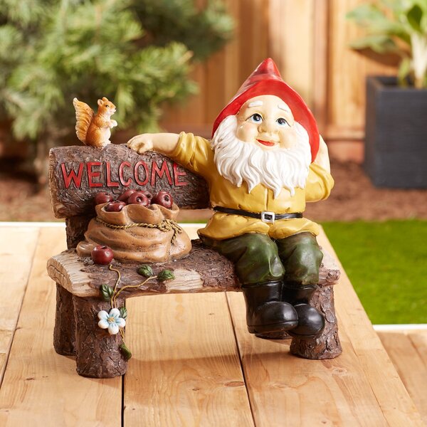 Summerfield Terrace Garden Gnome and Squirrel on Welcome Bench