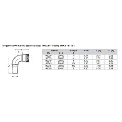 Viega MegaPress 3/4" 90 Stainless Steel 304 Elbow Street - Press Connection - Smart Connect Technology