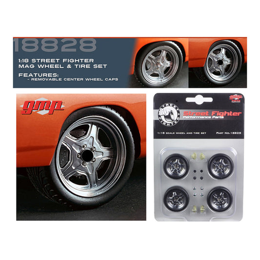 Street Fighter Mag Wheel and Tire Set of 4 pieces from "1970 Plymouth RoadRunner "The Hammer" "Fast & Furious" Movie 1/18 by GMP