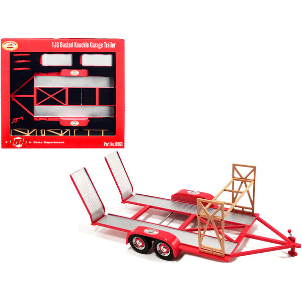 Tandem Car Trailer with Tire Rack "Busted Knuckle Garage" Red 1/18 Diecast Model by GMP