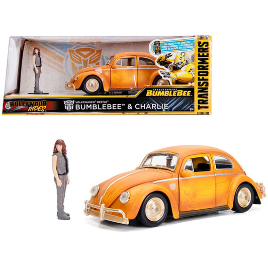 Volkswagen Beetle Weathered Yellow with Robot on Chassis and Charlie Diecast Figurine "Bumblebee" (2018) Movie ("Transformers" Series) "Hollywood Rides" Series 1/24 Diecast Model Car by Jada