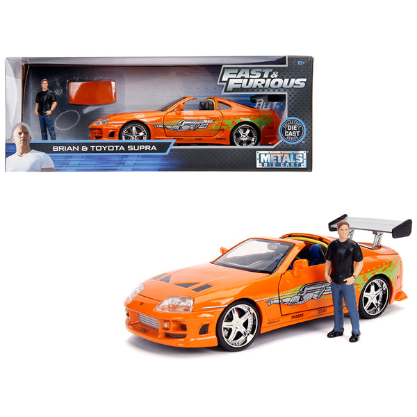 Toyota Supra Orange Metallic with Brian Diecast Figurine "Fast & Furious" Movie 1/24 Diecast Model Car by Jada