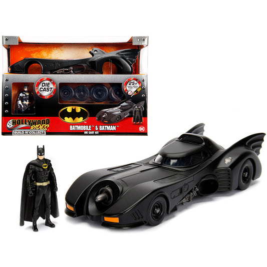 Model Kit Batmobile Matt Black with Batman Diecast Figurine "Batman" (1989) Movie "Build N' Collect" 1/24 Diecast Model Car by Jada