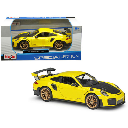 Porsche 911 GT2 RS Yellow with Carbon Hood and Gold Wheels "Special Edition" 1/24 Diecast Model Car by Maisto