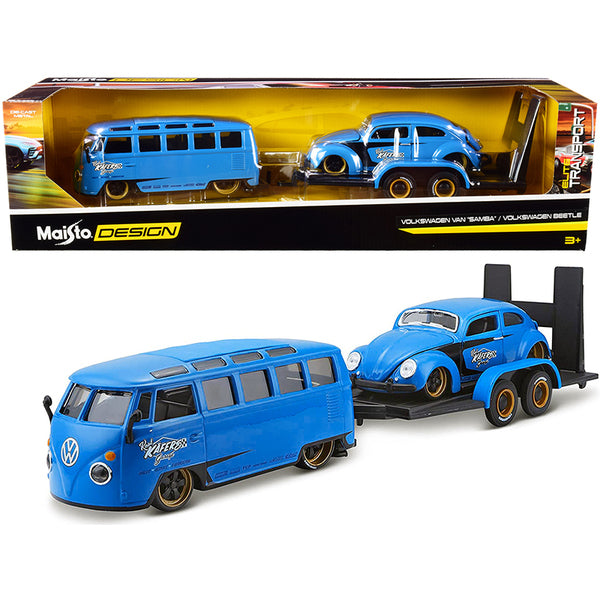 Volkswagen Van Samba with Volkswagen Beetle and Flatbed Trailer Blue "Kool Kafers" Set of 3 pieces "Elite Transport" Series 1/24 Diecast Model Cars by Maisto