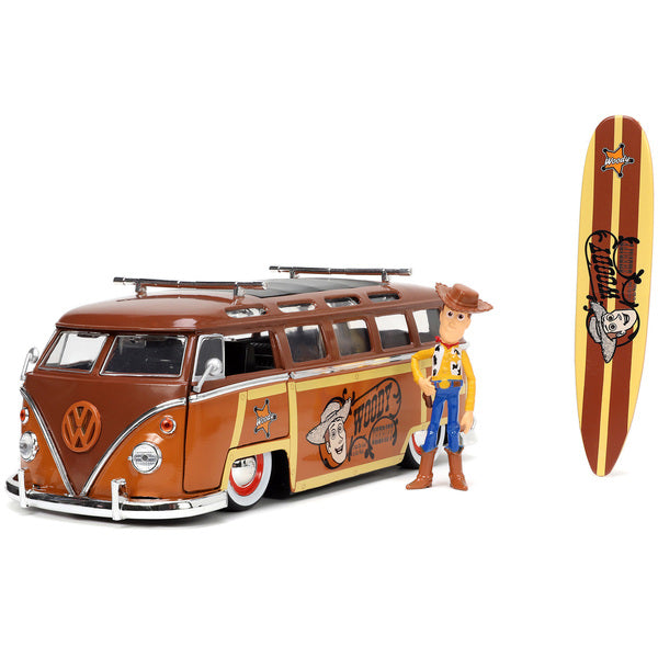 Volkswagen T1 Bus Brown with Graphics "Sheriff Woody" and Woody Diecast Figure and Surfboard "Toy Story" (1995) Movie "Hollywood Rides" Series 1/24 Diecast Model Car by Jada