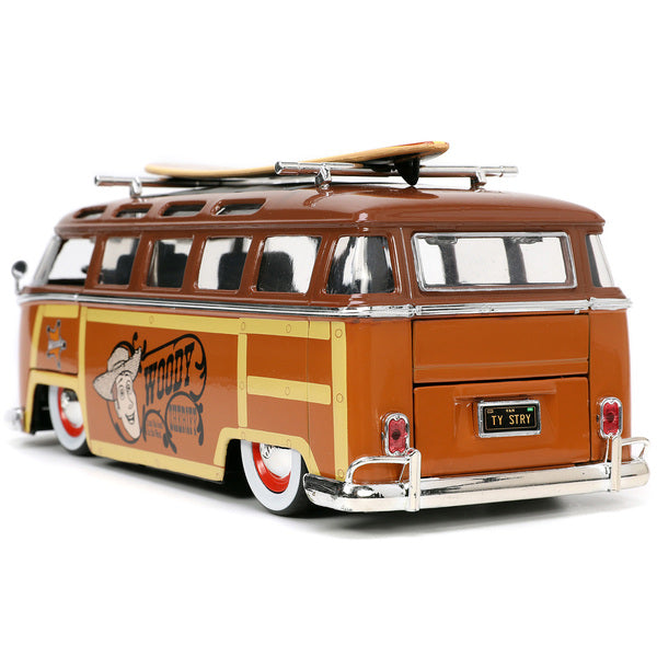 Volkswagen T1 Bus Brown with Graphics "Sheriff Woody" and Woody Diecast Figure and Surfboard "Toy Story" (1995) Movie "Hollywood Rides" Series 1/24 Diecast Model Car by Jada