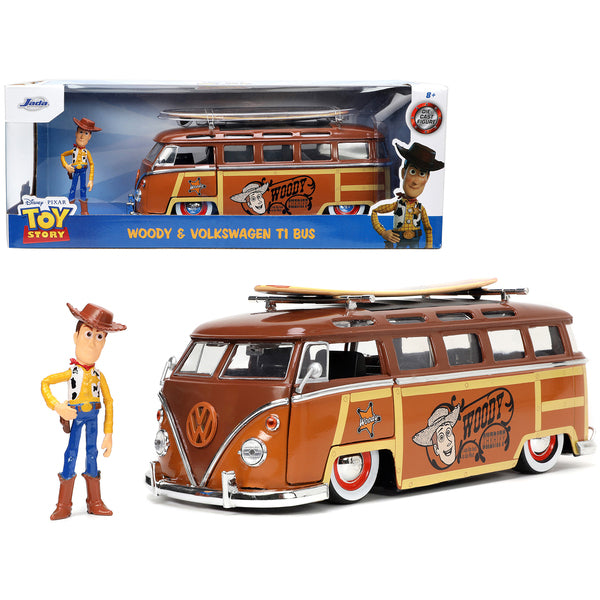 Volkswagen T1 Bus Brown with Graphics "Sheriff Woody" and Woody Diecast Figure and Surfboard "Toy Story" (1995) Movie "Hollywood Rides" Series 1/24 Diecast Model Car by Jada