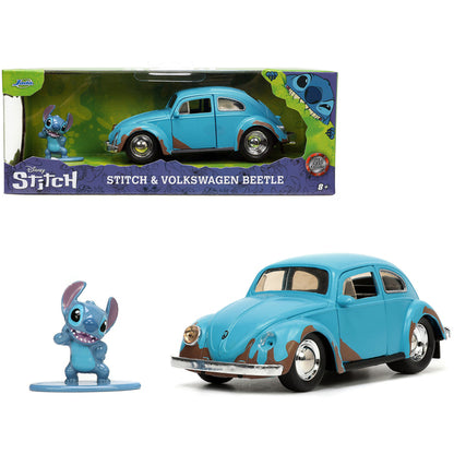 Volkswagen Beetle Matt Blue (Weathered) and Stitch Diecast Figure "Lilo and Stitch" (2002) Movie "Hollywood Rides" Series 1/32 Diecast Model Car by Jada