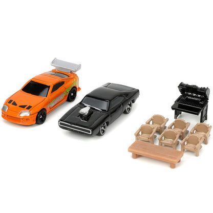 Toretto House Diorama with Dodge Charger Black and Toyota Supra Orange with Graphics "Fast and Furious" "Nano Scene" Series Models by Jada