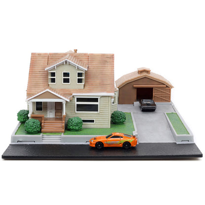 Toretto House Diorama with Dodge Charger Black and Toyota Supra Orange with Graphics "Fast and Furious" "Nano Scene" Series Models by Jada