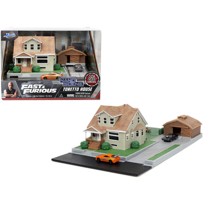 Toretto House Diorama with Dodge Charger Black and Toyota Supra Orange with Graphics "Fast and Furious" "Nano Scene" Series Models by Jada