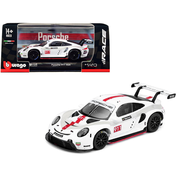 Porsche 911 RSR #911 White with Red Stripe and Graphics "Race" Series 1/43 Diecast Model Car by Bburago