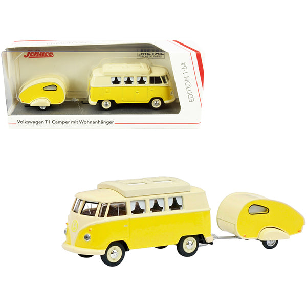 Volkswagen T1 Camper Bus with Travel Trailer Yellow and Cream 1/64 Diecast Models by Schuco