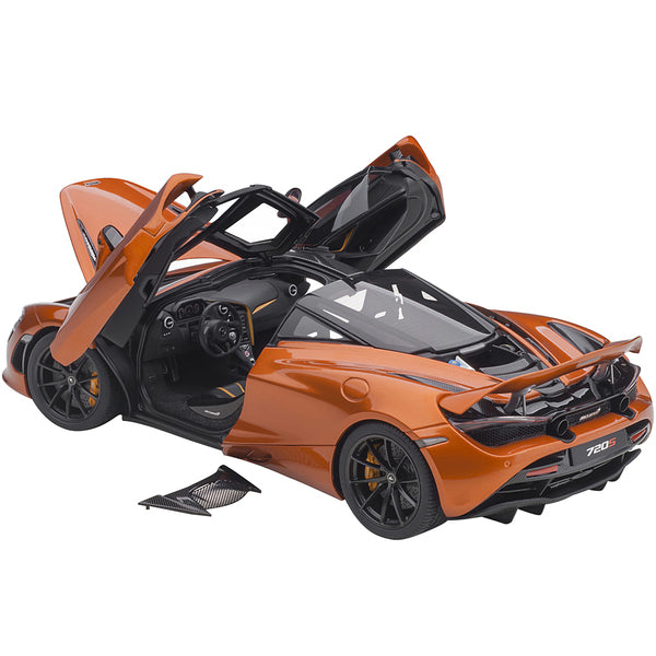 McLaren 720S Azores Orange Metallic with Black Top and Carbon Accents 1/18 Model Car by Autoart