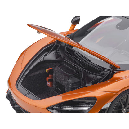 McLaren 720S Azores Orange Metallic with Black Top and Carbon Accents 1/18 Model Car by Autoart