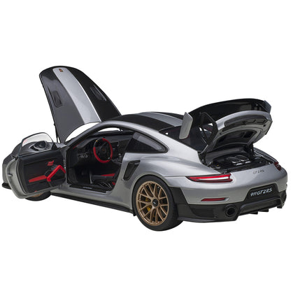 Porsche 911 (991.2) GT2 RS Weissach Package GT Silver with Carbon Stripes 1/18 Model Car by Autoart