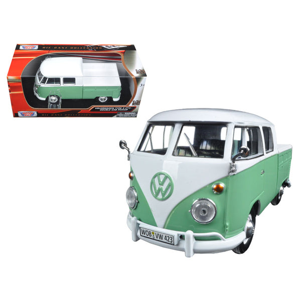 Volkswagen Type 2 (T1) Double Cab Pickup Truck White and Green 1/24 Diecast Model Car by Motormax