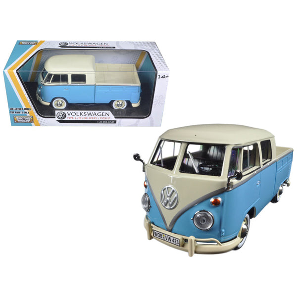 Volkswagen Type 2 (T1) Double Cab Pickup Truck Light Blue and Cream 1/24 Diecast Model Car by Motormax