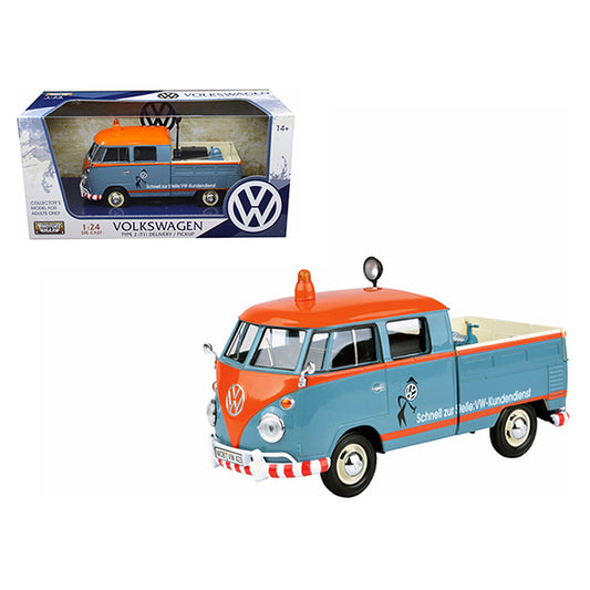 Volkswagen Type 2 (T1) Delivery Service Pickup Truck Blue and Orange "VW-Kundendienst" 1/24 Diecast Model Car by Motormax