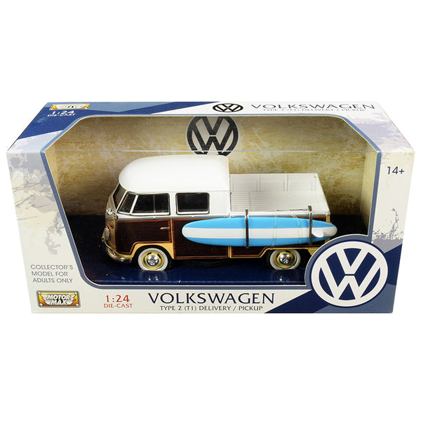 Volkswagen Type 2 (T1) Pickup White and Yellow with Wood Paneling with Surfboard 1/24 Diecast Model Car by Motormax