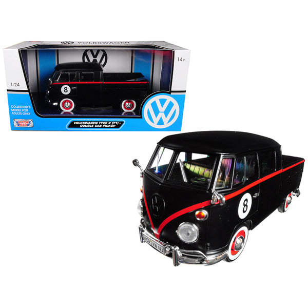 Volkswagen Type 2 (T1) Double Cab Pickup #8 Matt Black 1/24 Diecast Car Model by Motormax