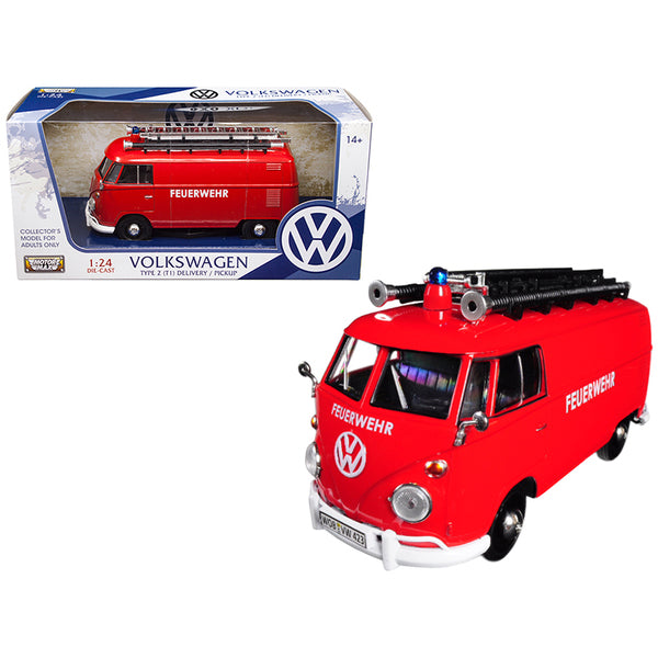 Volkswagen Type 2 (T1) Fire Van "Feuerwehr" Red 1/24 Diecast Model Car by Motormax