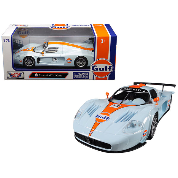 Maserati MC 12 Corsa #74 with "Gulf" Livery Light Blue with Orange Stripe 1/24 Diecast Model Car by Motormax