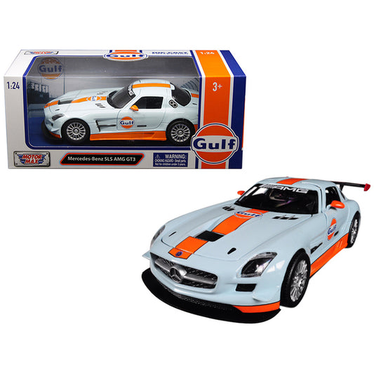 Mercedes Benz SLS AMG GT3 with "Gulf" Livery Light Blue with Orange Stripe 1/24 Diecast Model Car by Motormax