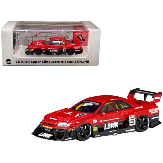 Nissan Skyline LB-ER34 Super Silhouette #5 RHD (Right Hand Drive) "Liberty Walk" Red and Black with Extra Wheels 1/64 Diecast Model Car by CM Models