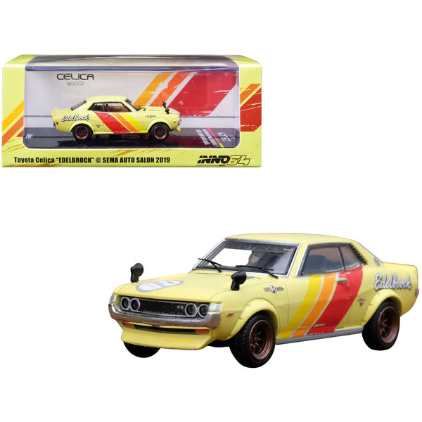 Toyota Celica 1600GT (TA22) Yellow with Stripes (Weathered) "Edelbrock" SEMA Auto Salon (2019) 1/64 Diecast Model Car by Inno Models