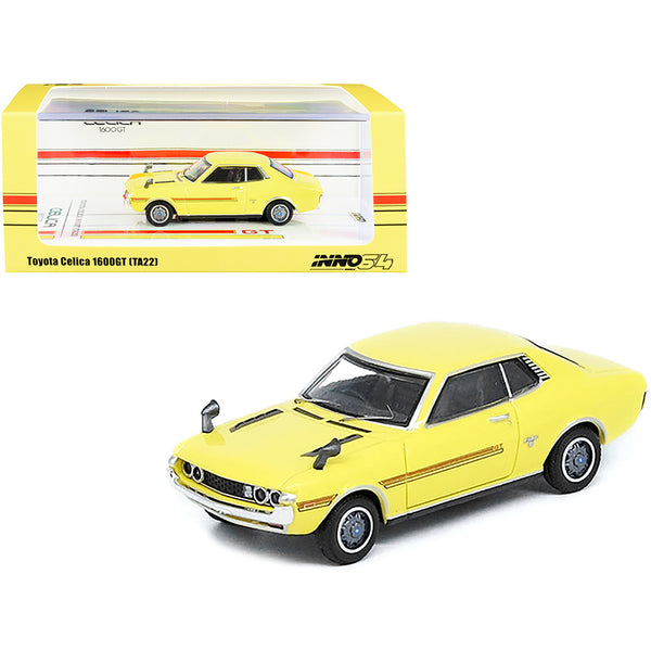 Toyota Celica 1600GT (TA22) RHD (Right Hand Drive) Yellow with Red Stripes 1/64 Diecast Model Car by Inno Models