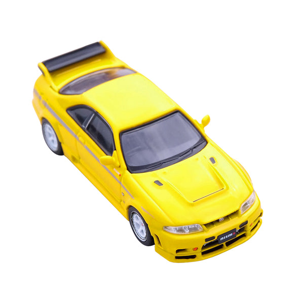 Nissan Skyline GT-R (R33) Nismo 400R RHD (Right Hand Drive) Lightning Yellow with Silver Stripes 1/64 Diecast Model Car by Inno Models