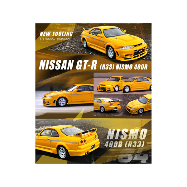 Nissan Skyline GT-R (R33) Nismo 400R RHD (Right Hand Drive) Lightning Yellow with Silver Stripes 1/64 Diecast Model Car by Inno Models