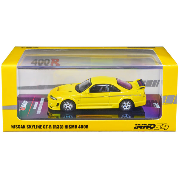 Nissan Skyline GT-R (R33) Nismo 400R RHD (Right Hand Drive) Lightning Yellow with Silver Stripes 1/64 Diecast Model Car by Inno Models