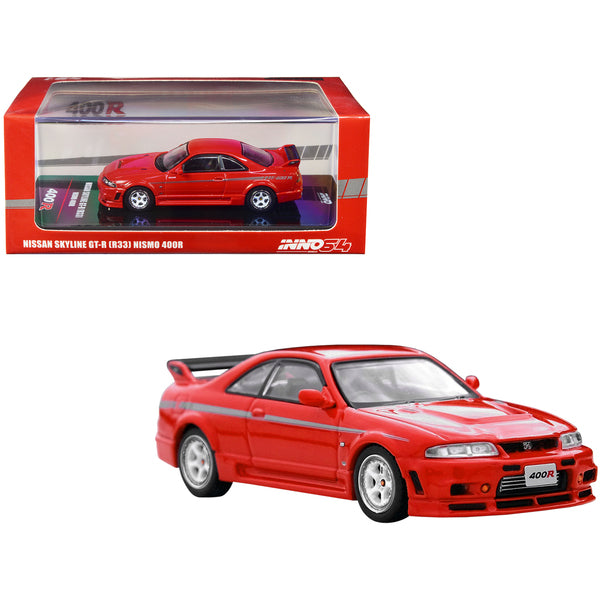 Nissan Skyline GT-R (R33) Nismo 400R RHD (Right Hand Drive) Super Clear Red II with Silver Stripes 1/64 Diecast Model Car by Inno Models