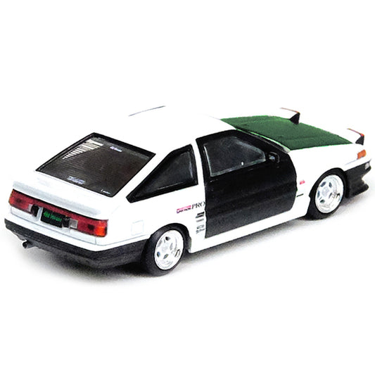 Toyota Sprinter Trueno AE86 RHD (Right Hand Drive) White with Green Carbon Hood and Black Carbon Doors 1/64 Diecast Model Car by Inno Models