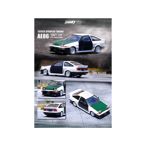 Toyota Sprinter Trueno AE86 RHD (Right Hand Drive) White with Green Carbon Hood and Black Carbon Doors 1/64 Diecast Model Car by Inno Models