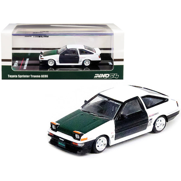 Toyota Sprinter Trueno AE86 RHD (Right Hand Drive) White with Green Carbon Hood and Black Carbon Doors 1/64 Diecast Model Car by Inno Models