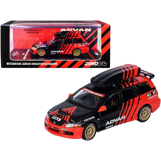 Mitsubishi Lancer Evolution IX Wagon RHD (Right Hand Drive) with Roof Cargo Box Black and Red "Advan" 1/64 Diecast Model Car by Inno Models