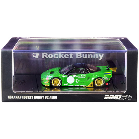 NSX (NA) Rocket Bunny V2 Aero RHD (Right Hand Drive) Green Metallic and Black 1/64 Diecast Model Car by Inno Models