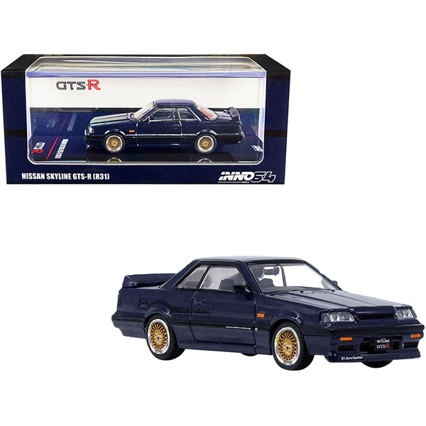 Nissan Skyline GTS-R (R31) RHD (Right Hand Drive) Dark Blue Metallic with Gold Wheels 1/64 Diecast Model Car by Inno Models