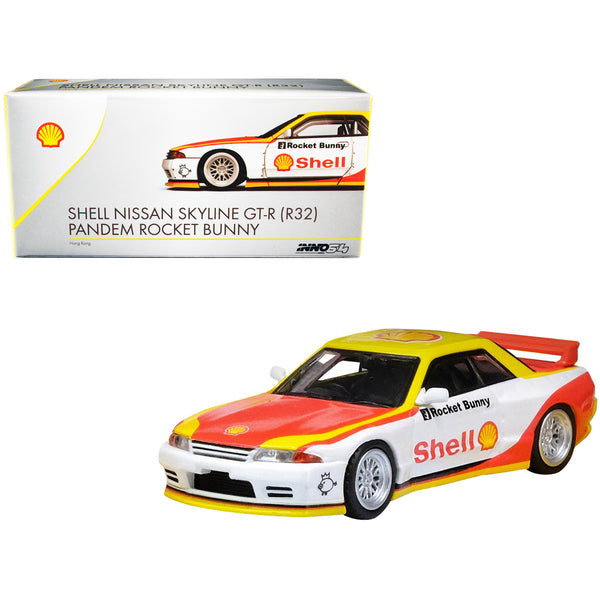 Nissan Skyline GT-R (R32) Pandem Rocket Bunny RHD (Right Hand Drive) White and Yellow with Red "Shell" 1/64 Diecast Model Car by Inno Models