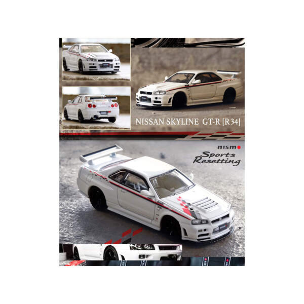 Nissan Skyline GT-R (R34) Nismo Sports Resetting RHD (Right Hand Drive) White Metallic with Graphics 1/64 Diecast Model Car by Inno Models