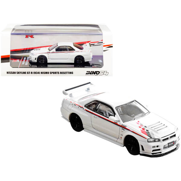 Nissan Skyline GT-R (R34) Nismo Sports Resetting RHD (Right Hand Drive) White Metallic with Graphics 1/64 Diecast Model Car by Inno Models