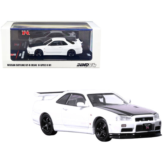 Nissan Skyline GT-R (R34) V-SPEC II N1 RHD (Right Hand Drive) White with Carbon Hood 1/64 Diecast Model Car by Inno Models