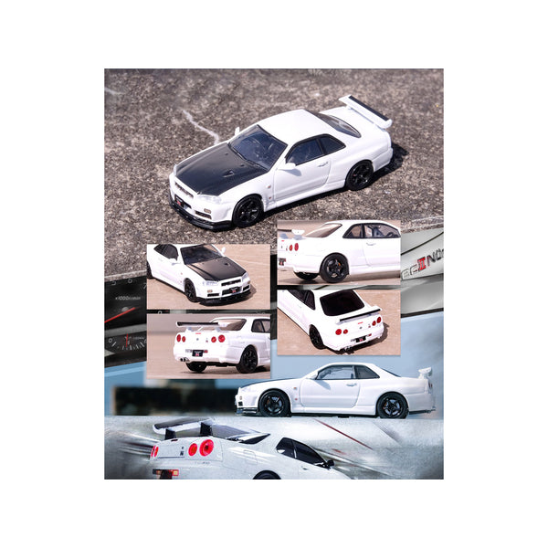 Nissan Skyline GT-R (R34) V-SPEC II N1 RHD (Right Hand Drive) White with Carbon Hood 1/64 Diecast Model Car by Inno Models