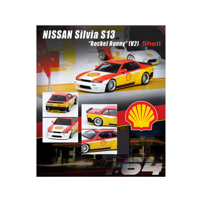 Nissan Silvia S13 Rocket Bunny V2 RHD (Right Hand Drive) Yellow and Red with White "Shell" 1/64 Diecast Model Car by Inno Models